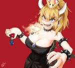  black_dress blonde_hair blue_eyes bowsette bracelet breasts breathing_fire cleavage collar covered_nipples crown dress earrings fingernails fire giantess hat highres horns jewelry karikari_ume large_breasts lizard_tail mario mario_(series) nail_polish navel new_super_mario_bros._u_deluxe overalls pointy_ears ponytail sharp_fingernails sharp_teeth spiked_armlet spiked_bracelet spiked_collar spiked_shell spiked_tail spikes super_crown sweat tail teeth 
