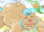  2018 anthro beach boar brown_fur butt fur gouryou male mammal mohawk overweight overweight_male pikaqoo_(artist) porcine seaside solo tokyo_afterschool_summoners water 