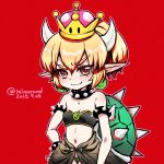  2018 animal_humanoid blonde_hair blush bowser bowsette_meme bracelet breasts clothed clothing collar crossgender ear_piercing eyebrows_visible_through_hair female hair horn humanoid jewelry koopa looking_at_viewer mario_bros minaruxd navel nintendo piercing pointy_ears ponytail red_background scalie shell simple_background small_breasts solo spiked_armlet spiked_bracelet spiked_collar spikes super_crown tears video_games 