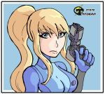  1girl arm blonde_hair breasts female gun hand_up holding holding_gun holding_weapon long_hair metroid nintendo samus_aran solo tuteheavy weapon zero_suit 