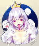  azuma_yuki bangs blush boo breasts brooch cleavage commentary_request crown dress earrings eyebrows_visible_through_hair frilled_dress frilled_gloves frills ghost gloves hair_between_eyes jewelry large_breasts long_hair looking_at_viewer luigi's_mansion mario_(series) new_super_mario_bros._u_deluxe open_mouth princess_king_boo puffy_short_sleeves puffy_sleeves purple_eyes sharp_teeth short_sleeves super_crown teeth tongue tongue_out white_dress white_gloves 