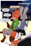  2018 akiric anthro barefoot butt canine cellphone city cityscape clothed clothing comic dialogue dipstick_ears dipstick_tail disney duo english_text female fox furgonomics gloves_(marking) green_eyes holding_object judy_hopps kneeling lagomorph male male/female mammal markings multicolored_tail necktie nick_wilde phone rabbit socks_(marking) speech_bubble tail_clothing text train vehicle window zootopia 