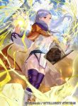  bangs blue_sky book boots breasts cape circlet closed_mouth cloud cloudy_sky commentary_request company_name copyright_name day expressionless fire_emblem fire_emblem:_akatsuki_no_megami fire_emblem:_souen_no_kiseki fire_emblem_cipher floating floating_object ilyana jewelry knee_boots lavender_hair lightning long_hair long_sleeves looking_at_viewer magic mayo_(becky2006) medium_breasts official_art open_book outdoors purple_eyes purple_legwear skirt sky solo thighhighs white_footwear zettai_ryouiki 