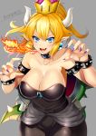  :d alternate_nail_color aqua_eyes armlet bangs bare_arms bare_shoulders black_collar blonde_hair blue_earrings bowsette bracelet breasts breathing_fire brooch character_name claw_pose cleavage collar collarbone cowboy_shot crown dress earrings eyebrows_visible_through_hair fang fingernails fire grey_background hands_up high_ponytail highres horns jewelry large_breasts long_fingernails long_hair looking_at_viewer mario_(series) nail_polish new_super_mario_bros._u_deluxe open_mouth palms pointy_ears purple_nails sapphire_(stone) sidelocks simple_background skindentation smile solo spiked_bracelet spiked_collar spiked_shell spiked_tail spikes standing strapless strapless_dress super_crown tail turtle_shell uzura_(moimoi) v-shaped_eyebrows |_| 