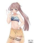  alternate_costume bikini blue_eyes blush breasts brown_hair commentary_request dated eyebrows_visible_through_hair hair_ribbon hand_on_hip kantai_collection kazagumo_(kantai_collection) long_hair looking_at_viewer meguru_(megurunn) navel open_mouth ponytail ribbon sarong see-through simple_background small_breasts solo swimsuit thigh_strap twitter_username white_background 