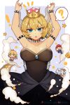  3girls ? aqua_eyes arms_up artist_name black_dress blonde_hair blush bowsette bracelet breasts brooch chibi collar collarbone commentary crown dress earrings english_commentary eyes fang forked_eyebrows hair_between_eyes hairband hentaki highres horns jewelry large_breasts long_hair looking_at_viewer luigi's_mansion mario mario_(series) multiple_girls new_super_mario_bros._u_deluxe notched_ear open_mouth pointy_ears princess_king_boo princess_peach short_hair sleeveless sleeveless_dress smoke solo_focus speech_bubble spiked_armlet spiked_bracelet spiked_collar spiked_tail spikes spoken_question_mark star strapless strapless_dress super_crown super_mario_bros. tail thick_thighs thighs 