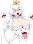  blush boo breast_rest breasts breasts_on_head cleavage closed_eyes dress earrings ghost highres huge_breasts jewelry jinu_(jinusenpai) long_hair long_tongue looking_at_viewer luigi's_mansion mario_(series) new_super_mario_bros._u_deluxe open_mouth princess_king_boo red_eyes sharp_teeth shiny shiny_skin super_crown super_mario_bros. teeth tongue tongue_out white_hair 