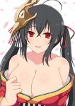  ahoge azur_lane bangs bare_shoulders black_hair blush breasts cleavage collarbone commentary_request eyebrows_visible_through_hair hair_between_eyes hair_ornament highres huge_breasts ichiryuu_tsumiki large_breasts long_hair looking_at_viewer open_mouth red_eyes smile solo taihou_(azur_lane) very_long_hair 