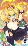  :d ?_block absurdres aqua_eyes bare_arms bare_shoulders black_collar black_dress black_legwear blonde_hair blooper blurry blurry_background bowsette bracelet breasts brooch cleavage collar commentary_request covered_navel crown depth_of_field dress earrings fingernails fire fire_flower fireball forked_eyebrows from_above gameplay_mechanics garter_straps goomba hair_between_eyes highres horns jewelry koopa_paratroopa large_breasts long_fingernails long_ponytail looking_at_viewer looking_up mario_(series) mushroom new_super_mario_bros._u_deluxe open_mouth outstretched_arm partial_commentary pointy_ears princess pyrokinesis rtari sharp_fingernails sharp_teeth sleeveless sleeveless_dress slit_pupils smile solo_focus spiked_armlet spiked_bracelet spiked_collar spiked_shell spiked_tail spikes strapless strapless_dress super_crown tail teeth thick_eyebrows thighhighs turtle_shell v-shaped_eyebrows 