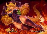  1girl armpits battle big_nose black_gloves black_legwear black_leotard blonde_hair bowsette bracelet breasts brooch cameltoe character_name choker claws cleavage commentary_request covered_navel crown defeat earrings elbow_gloves embers facial_hair fangs fingernails fire flying_kick gameplay_mechanics gloves hat highleg highleg_leotard horns jewelry kicking large_breasts leotard long_hair looking_at_viewer mario mario_(series) muscle muscular_female mustache new_super_mario_bros._u_deluxe orange_eyes out_of_frame pointy_ears sharp_fingernails sharp_teeth smile solo_focus spiked_armlet spiked_bracelet spiked_choker spiked_shell spiked_tail spikes strapless strapless_leotard super_crown super_smash_bros. tail teeth thighhighs toned turtle_shell very_long_hair whistlerx x_x 
