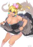  bare_legs bare_shoulders barefoot black_dress blonde_hair blue_eyes bowsette bracelet breasts brooch cleavage collar commentary_request crown dress earrings eyebrows_visible_through_hair hair_between_eyes happa_(cloverppd) highres horns jewelry lace lace-trimmed_dress large_breasts lifted_by_self long_ponytail looking_at_viewer mario_(series) new_super_mario_bros._u_deluxe open_mouth petticoat sharp_teeth short_hair simple_background skirt skirt_lift sleeveless sleeveless_dress smile solo sparkle spiked_armlet spiked_bracelet spiked_collar spiked_shell spiked_tail spikes strapless strapless_dress super_crown tail teeth thick_eyebrows tilted_headwear turtle_shell white_background 
