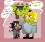  anthro belly big_belly black_fur camera cancer clothing crossgender crossover cub dreamworks english_text family female fur group hedgehog humanoid male male/female male_pregnancy mammal marine meme mother mother_and_son nickelodeon ogre overalls parent pregnant red_eyes sea_sponge shadow_the_hedgehog shrek_(character) shrek_(series) smile son sonic_(series) spongebob_squarepants spongebob_squarepants_(character) text unknown_artist what young 