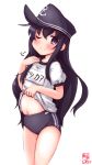  akatsuki_(kantai_collection) anchor_print anchor_symbol artist_logo bare_legs black_buruma black_hair blush buruma closed_mouth commentary_request dated disconnected_mouth double_horizontal_stripe double_vertical_stripe eyebrows_visible_through_hair flat_cap flat_chest gym_shirt gym_uniform hair_between_eyes hat highres kanon_(kurogane_knights) kantai_collection legs_together lifted_by_self long_hair looking_at_viewer messy_hair name_tag navel one_eye_closed puffy_short_sleeves puffy_sleeves purple_eyes shirt shirt_lift short_sleeves signature simple_background smile solo stomach thighs white_background white_shirt 