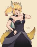  alternate_eye_color bangs bare_shoulders black_dress blush bowsette bracelet breasts brooch cleavage collar cowboy_shot crown dated dress eyebrows_visible_through_hair foxvulpine green_eyes hair_between_eyes hand_on_hip hand_to_own_mouth horns jewelry laughing looking_at_viewer mario_(series) medium_breasts new_super_mario_bros._u_deluxe outline pink_lips ponytail reflective_eyes see-through sharp_teeth shiny shiny_hair shiny_skin sidelocks simple_background solo spiked_bracelet spiked_collar spiked_shell spiked_tail spikes strapless strapless_dress super_crown tail teeth toned twitter_username 