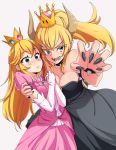  black_dress black_nails blonde_hair blue_eyes bowsette breasts claw_pose cleavage commentary_request crown dress elbow_gloves fingernails gloves hand_on_another's_shoulder highres horns long_hair looking_at_viewer mario_(series) medium_breasts multiple_girls nail_polish naruta_(m_rem) new_super_mario_bros._u_deluxe pink_dress princess princess_peach puffy_short_sleeves puffy_sleeves sharp_fingernails sharp_teeth short_sleeves sleeveless sleeveless_dress smile super_crown teeth yuri 