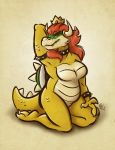  2018 anthro armband biped bowser bowsette_meme bracelet breasts claws collar crossgender crown eyelashes featureless_breasts female hair half-closed_eyes hand_behind_head headgear hi_res horn jewelry kneeling koopa looking_at_viewer mario_bros meme mostly_nude narrowed_eyes nicnak044 nintendo non-mammal_breasts paper pinup pose red_eyes red_hair scales scalie sharp_teeth shell solo spiked_armband spiked_bracelet spiked_collar spikes super_crown teeth 