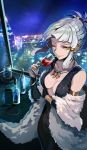  alcohol black_dress black_gloves black_nails bottle bracelet braid breasts bridal_gauntlets building cleavage collarbone commentary_request craft_essence cup dress drinking_glass elbow_gloves fate/grand_order fate_(series) french_braid fur_coat gloves grey_hair hair_tubes hair_up holding holding_cup jewelry long_dress medium_breasts nail_polish necklace night night_sky official_art penthesilea_(fate/grand_order) pokimari shining_skyscrapers short_hair sidelocks sky skyline skyscraper solo window wine wine_glass yellow_eyes 