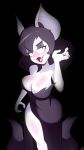  absurd_res animal_humanoid bat_humanoid beauty_mark big_breasts black_background black_eyes black_hair breasts claws cleavage clothed clothing eva_(semlgrim) fangs female hair half-closed_eyes hi_res humanoid mammal open_mouth signature simple_background smile solo standing wildblur 