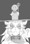  ? blush bowsette collar comic eyebrows_visible_through_hair fang greyscale highres horns jizou kouson_q mario mario_(series) monochrome new_super_mario_bros._u_deluxe ponytail pout silent_comic slit_pupils spiked_collar spikes spoken_question_mark statue thick_eyebrows 