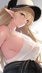  anza_tomo baseball_cap blonde_hair blush breasts closed_mouth clothes_around_waist elf gradient gradient_background hair_between_eyes hat highres jacket_around_waist large_breasts lips long_hair looking_at_viewer one_side_up original pointy_ears see-through_silhouette sideboob simple_background smile solo tied_jacket yellow_eyes 