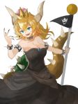  bare_shoulders black_dress blonde_hair blue_eyes bowsette bracelet breasts breathing_fire cleavage collar collarbone commentary_request crown dress fingernails fire flag hand_up highres horns jewelry long_fingernails mario_(series) new_super_mario_bros._u_deluxe pointy_ears ponytail psyren2 sharp_fingernails sharp_teeth simple_background solo spiked_armlet spiked_bracelet spiked_collar spiked_shell spiked_tail spikes strapless strapless_dress super_crown tail teeth white_background 