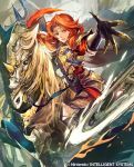  armor axe braid fire_emblem fire_emblem:_souen_no_kiseki fire_emblem_cipher gloves green_eyes headband horse long_hair looking_at_viewer nij_24 official_art polearm red_hair solo tiamat_(fire_emblem) weapon 