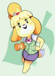  animal_crossing anthro barefoot bell black_eyes blonde_hair breasts buckteeth canine clothed clothing cute dog dumbbell exercise eyebrows_visible_through_hair female floppy_ears full_body fur green_background hair happy hi_res isabelle_(animal_crossing) jingle_bell mammal muscular nintendo open_mouth ribbons shih_tzu shirt short_hair signature simple_background skirt smile solo standig super_smash_bros super_smash_bros._ultimate teeth tied_hair topknot vest video_games weightlifting weights wildblur workout yellow_fur 