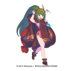  cape chiki circlet fire_emblem fire_emblem:_monshou_no_nazo fire_emblem_heroes full_body green_eyes green_hair hood jewelry looking_at_viewer mamkute nagisa_kurousagi official_art pink_legwear pointy_ears ponytail side_slit simple_background smile solo stone tiara 