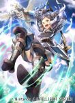  armor arms_up bangs boots breastplate cloud cloudy_sky commentary_request company_name copyright_name cynthia_(fire_emblem) day feathered_wings feathers fire_emblem fire_emblem:_kakusei fire_emblem_cipher gloves green_eyes grey_hair holding holding_weapon horn knee_boots long_hair long_sleeves nagahama_megumi official_art open_mouth outdoors parted_bangs pegasus pegasus_knight polearm shiny shiny_hair short_twintails sky smile solo spear sun sunlight twintails weapon wings 