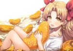  1girl bad_id bad_pixiv_id bangs bare_legs blonde_hair blush commentary_request earrings ereshkigal_(fate/grand_order) fate/grand_order fate_(series) food fruit hair_ribbon holding jewelry kurono_kito long_hair looking_at_viewer mandarin_orange open_mouth ribbon solo symbol-shaped_pupils two_side_up wading water white_background yellow_eyes 