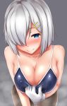  bangs bare_shoulders black_legwear blue_eyes blush breasts cleavage closed_mouth collarbone commentary_request competition_school_swimsuit eyebrows_visible_through_hair gloves grey_background hair_ornament hair_over_one_eye hairclip hamakaze_(kantai_collection) heart heart-shaped_pupils highres kantai_collection large_breasts leaning_forward looking_at_viewer pantyhose pantyhose_under_swimsuit short_hair sidelocks silver_hair simple_background smile solo steam sweat swimsuit symbol-shaped_pupils terakoya white_gloves 