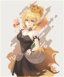  :d armlet bangs bare_arms bare_shoulders beige_background black_collar black_dress blonde_hair blue_eyes bowsette bracelet breasts brooch cleavage collar collarbone commentary cowboy_shot crown dress earrings eyebrows_visible_through_hair fire flame hair_between_eyes hand_on_hip hand_up highres horn jewelry large_breasts looking_at_viewer mario_(series) mini_crown new_super_mario_bros._u_deluxe open_mouth ponytail rin_falcon short_hair simple_background smile solo spiked_armlet spiked_bracelet spiked_collar spiked_shell spikes strapless strapless_dress super_crown 