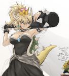  2018 5_fingers alternate_species animal_humanoid anthro big_breasts blonde_hair blue_eyes bowser bowsette_meme breasts canine cleavage clothed clothing collar crossgender dog duo english_text female hair holding_object holding_weapon humanoid humanoid_focus humanoidized koopa mammal mario_bros ncmares nintendo scalie shih_tzu simple_background solo_focus super_crown text video_games weapon white_background 