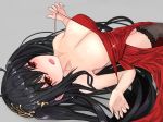  ahoge areola_slip areolae azur_lane bangs bare_shoulders black_hair blush breasts choker cleavage cocktail_dress commentary_request dress eyebrows_visible_through_hair hair_between_eyes hair_ornament huge_breasts large_breasts long_hair looking_at_viewer open_mouth red_choker red_dress red_eyes solo taihou_(azur_lane) tark1122 thighhighs very_long_hair 