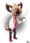  anthro beverage black_eyes blush clothing coffee cup footwear full_body haida half-closed_eyes hi_res hyena looking_up male mammal necktie open_mouth pants sharp_teeth shirt shoes signature simple_background solo standing steam teeth tired white_background wildblur 