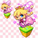  blonde_hair blue_eyes blush braid chibi commentary_request crown dress dress_tug earrings elbow_gloves eyebrows gloves grass hair_between_eyes happy jewelry looking_at_viewer lowres mario_(series) new_super_mario_bros._u_deluxe one_eye_closed patterned_background peachette pink_dress pink_earrings pink_gloves pink_hair pixel_art puffy_short_sleeves puffy_sleeves reflective_eyes shiny shiny_hair shirosu short_hair short_sleeves sidelocks smile solo sparkle super_crown toadette twin_braids 