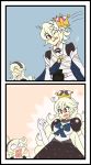  1girl 2koma ahoge armor comic commentary crossover crown elbow_gloves female_my_unit_(fire_emblem_if) fire_emblem fire_emblem_if genderswap genderswap_(mtf) gloves hairband highres long_hair male_my_unit_(fire_emblem_if) mario_(series) my_unit_(fire_emblem_if) new_super_mario_bros._u_deluxe pointy_ears princess_dress raydango red_eyes short_hair super_crown white_hair 