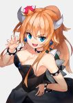  :d armlet bangs bare_arms bare_shoulders black_collar black_dress blonde_hair blue_eyes bowsette bracelet breasts brooch claw_pose cleavage collar collarbone commentary_request crown dress earrings eyebrows_visible_through_hair fang grey_background hair_between_eyes hand_on_hip hand_up hide448 highres horns jewelry large_breasts long_hair looking_at_viewer mario_(series) mini_crown new_super_mario_bros._u_deluxe open_mouth ponytail shiny shiny_skin simple_background smile solo spiked_armlet spiked_bracelet spiked_collar spiked_shell spikes strapless strapless_dress super_crown thick_eyebrows upper_body v-shaped_eyebrows 