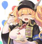  ^_^ ^o^ armband balloon bandaid bandaid_on_face bangs black_coat black_hat blonde_hair blush breasts bridal_gauntlets brown_neckwear cake closed_eyes coat collared_coat eyebrows_visible_through_hair facing_viewer food fork fruit gloves granblue_fantasy hair_between_eyes hat hat_feather holding holding_fork holding_plate kztk large_breasts long_hair monica_weisswind open_clothes open_coat open_mouth peaked_cap plate shiny shiny_hair shirt sidelocks solo strawberry tongue twintails upper_body white_background white_shirt wide_sleeves wing_collar 