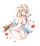  :&lt; bangs bikini blonde_hair blue_eyes blue_nails breasts cleavage commentary_request eyebrows_visible_through_hair fingernails flower footwear_removed full_body girls_frontline groin gun hair_ornament hairband head_tilt hibiscus highres long_hair looking_at_viewer medium_breasts miwabe_sakura nail_polish navel off_shoulder petals sandals simple_background sitting snowflake_hair_ornament solo starfish submachine_gun suomi_kp/-31 suomi_kp31_(girls_frontline) swimsuit water_drop weapon white_background white_bikini yokozuwari 