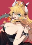  :d bangs bare_arms bare_shoulders black_choker black_dress black_nails blonde_hair blush bowsette bracelet breasts choker cleavage collarbone crown dress earrings eyebrows_visible_through_hair fingernails fire flame green_eyes hair_between_eyes hand_up highres horn jewelry large_breasts long_hair looking_at_viewer mario_(series) mini_crown nail_polish new_super_mario_bros._u_deluxe open_mouth pointy_ears red_background sh_(562835932) sharp_fingernails simple_background skirt_hold smile solo spiked_bracelet spiked_tail spikes strapless strapless_dress super_crown tail tongue upper_body 