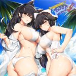  alternate_costume animal_ears ass atago_(azur_lane) azur_lane bangs bare_shoulders beach bikini black_hair blue_sky blush bow breasts brown_eyes cloud commentary cowboy_shot day extra_ears eyebrows_visible_through_hair frown hair_bow hair_flaps hair_ribbon hand_on_hip hand_up large_breasts long_hair long_sleeves looking_at_viewer looking_back mole mole_under_eye multiple_girls ocean off_shoulder one-piece_swimsuit outdoors palm_leaf palm_tree parted_lips ponytail ribbon sand shiny shiny_skin shirt sideboob sidelocks skindentation sky smile sun sunlight swept_bangs swimsuit takao_(azur_lane) thighs tony_guisado tree twisted_torso undressing very_long_hair water_drop wet white_bikini white_bow white_ribbon white_shirt white_swimsuit 