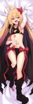  absurdres ahoge arm_up armpits bandaged_arm bandages bed_sheet black_bra black_cape black_legwear black_panties bow bra brown_hair cape character_request commentary_request copyright_request dakimakura fang flat_chest hair_ornament hand_on_own_stomach highres long_hair loose_thighhigh lying mahcdai navel on_back open_mouth panties purple_eyes ribbon sheet_grab smile solo spread_navel thighhighs two_side_up underwear underwear_only 