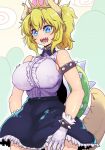  absurdres alternate_costume bangs blonde_hair blue_eyes blue_skirt blurry blurry_background blush bowsette bracelet breasts collar cool-kyou_shinja covered_nipples cowboy_shot frilled_gloves frilled_skirt frills gloves glowing glowing_eyes hair_between_eyes highres horns huge_breasts jewelry long_hair looking_at_viewer mario_(series) mountain new_super_mario_bros._u_deluxe nipples open_mouth ponytail shell shiny shiny_clothes shiny_hair shiny_skin shirt sidelocks skirt skirt_lift sky sleeveless sleeveless_shirt slit_pupils smile spiked_bracelet spiked_collar spiked_shell spiked_tail spikes super_crown tail thighs white_gloves white_shirt 