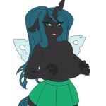 2018 animated anthro areola breasts changeling clothed clothing fangs female friendship_is_magic green_eyes hair half-closed_eyes holding_breast horn long_hair looking_at_viewer low_res my_little_pony navel nipples open_mouth queen_chrysalis_(mlp) simple_background skirt solo tolsticot topless white_background wings 