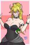  absurdres armlet bangs bare_shoulders black_collar black_dress black_nails blonde_hair blue_eyes border bowsette bracelet breasts brooch cleavage collar commentary cowboy_shot crown dress earrings english_commentary flat_color forked_eyebrows highres horns jewelry large_breasts leku623 mario_(series) nail_polish new_super_mario_bros._u_deluxe outside_border pink_background pointy_ears ponytail princess sharp_teeth sidelocks signature solo spiked_armlet spiked_bracelet spiked_collar spiked_shell spikes strapless strapless_dress super_crown teeth thick_eyebrows turtle_shell white_border 