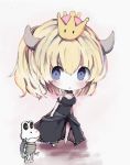  :o armlet bangs bare_shoulders barefoot black_leotard blonde_hair blue_eyes blush bowsette breasts chibi cleavage collar cottontailtokki crown dry_bones grey_background hair_between_eyes horns leotard long_hair looking_at_viewer mario_(series) medium_breasts mini_crown new_super_mario_bros._u_deluxe parted_lips skeleton spiked_armlet spiked_collar spikes strapless strapless_leotard super_crown turtle_shell 