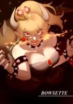  46cm absurdres black_dress blonde_hair bowsette bracelet breasts character_name cleavage collar commentary crown dress fingernails highres jewelry mario_(series) new_super_mario_bros._u_deluxe red_eyes sharp_fingernails sharp_teeth solo spiked_bracelet spiked_collar spikes super_crown teeth 
