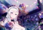  azur_lane bangs belfast_(azur_lane) blue_eyes blurry blush braid breasts chain cleavage cloud cloudy_sky collar collarbone commentary_request depth_of_field dress evening eyebrows_visible_through_hair flower french_braid frills gloves hand_up large_breasts light_particles lights long_hair looking_at_viewer maid maid_headdress outdoors signature silver_hair sky smile solo tsunano_(koi_pink) white_gloves 