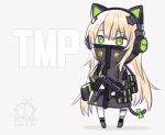  animal_ears artist_name bad_id bad_pixiv_id bangs black_footwear black_jacket blonde_hair bow capriccio cat_ear_headphones cat_ears cat_tail character_name chibi commentary covered_mouth dated fake_animal_ears girls_frontline green_bow green_eyes grey_background gun hair_between_eyes headphones holding holding_gun holding_weapon jacket long_hair object_namesake signature solo standing steyr_tmp submachine_gun tail tail_bow tmp_(girls_frontline) very_long_hair weapon 